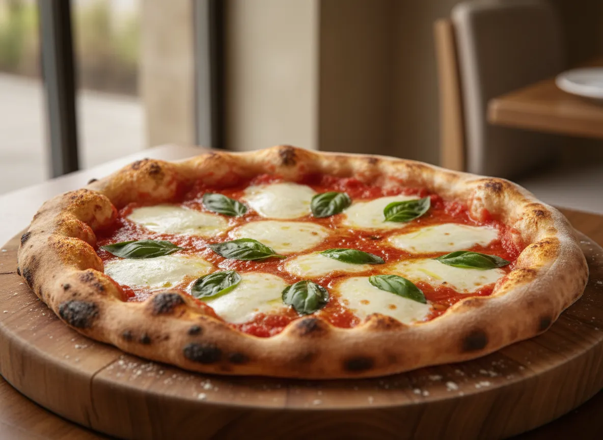 Close up of a classic margherita pizza with basil